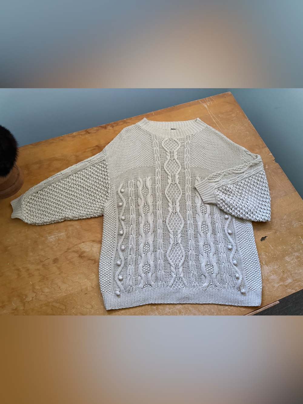 By Boules Hand Knit Cotton Fisherman Sweater Batwing Cable Knit large